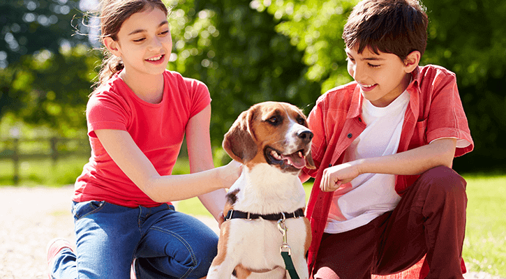 Two children sitting outside with a dog that was found with the use of pet microchipping